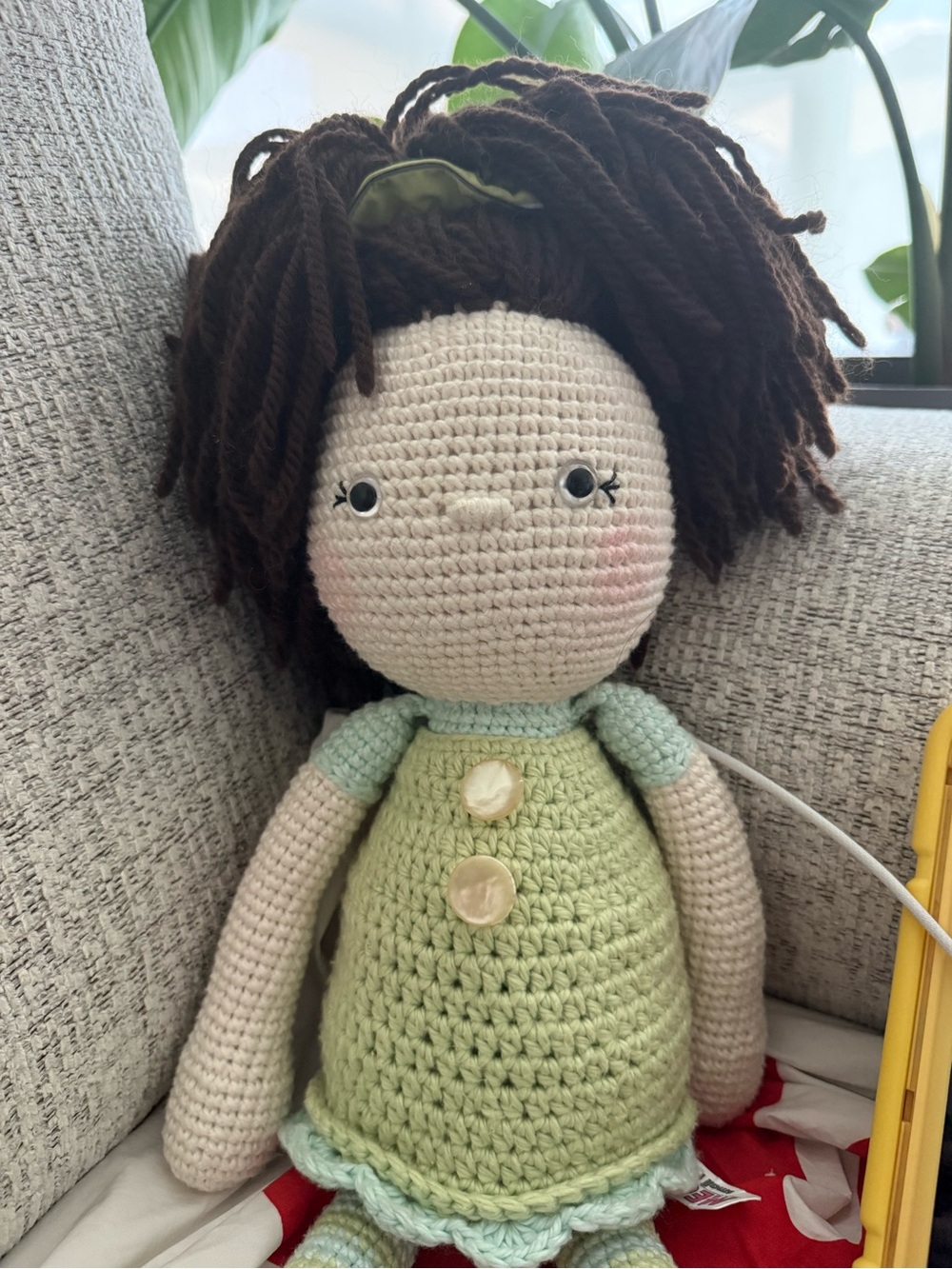 Handmade Cream & Green Crochet Girl Doll with Brown Hair - Picture 2 of 4